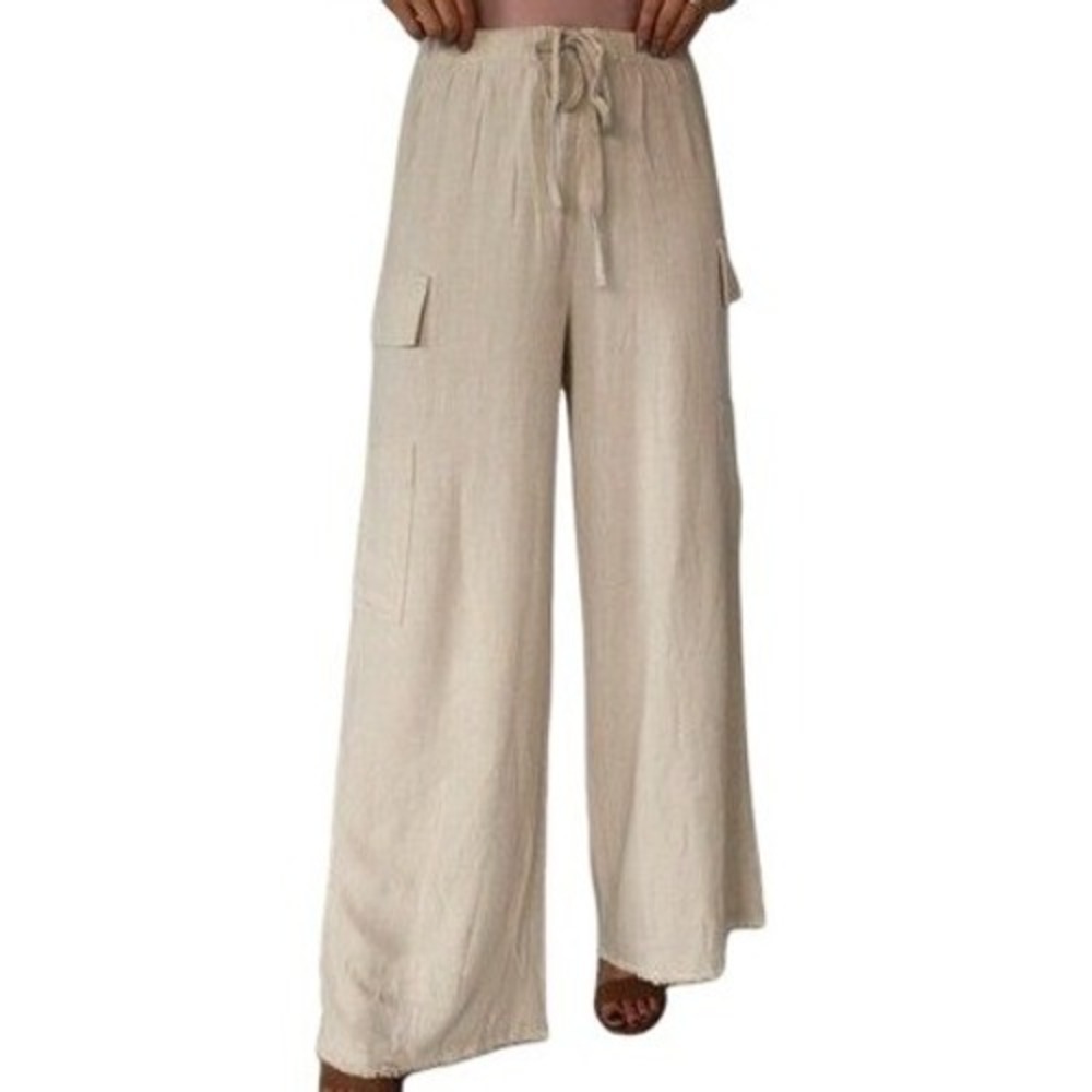 Tahari Linen Blend Pleated Front Beige Wide Leg Cargo Pants Womens Size XL
